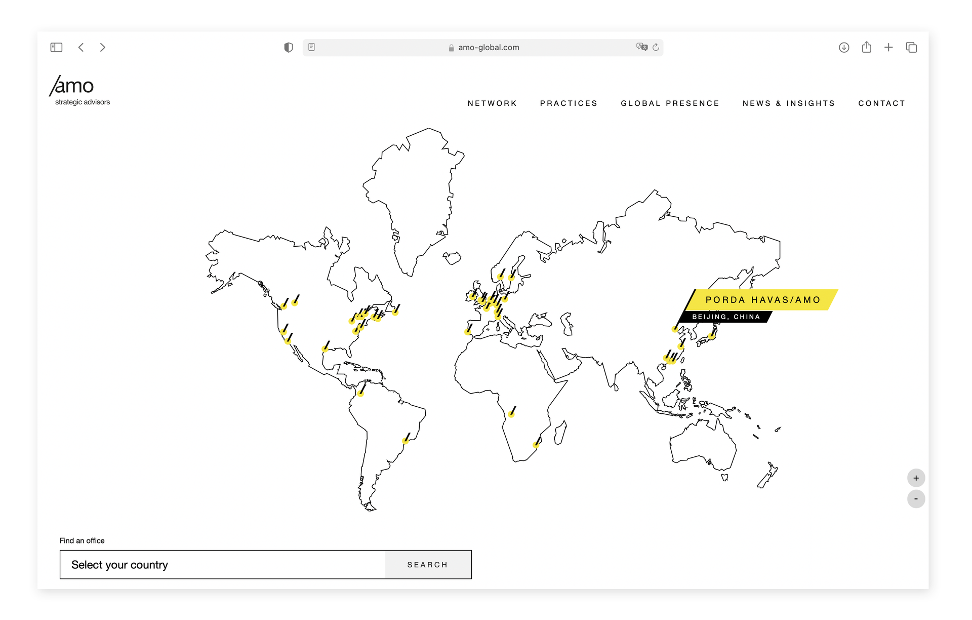 Screenshot der Seite Global Presence mit Weiterleitung zu Partnern und Standorten